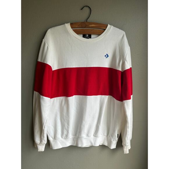 Converse‎ Mens Crew Neck Sweatshirt Terry Pullover Color-Block White Red Size S - Picture 1 of 4